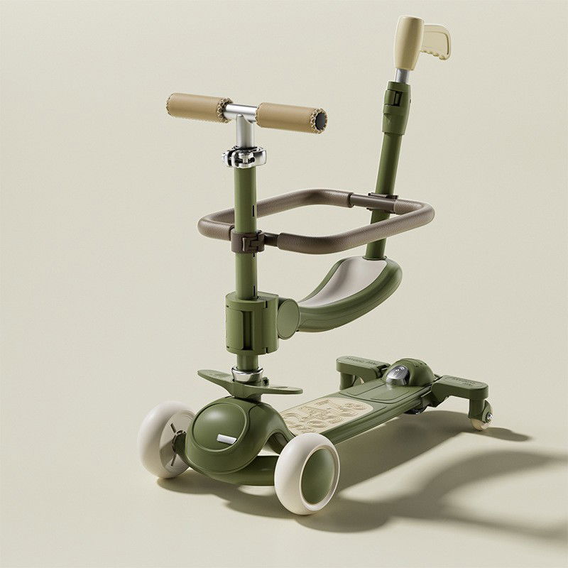 Masinute, Triciclete si Masinute Electrice - Trotineta Tip Carucior pentru Copii 7in1, Flippy, Pliabila, Ghidon Reglabil, Parti Detasabile, Lumini LED, Muzica, Suport pentru picioare, Verde