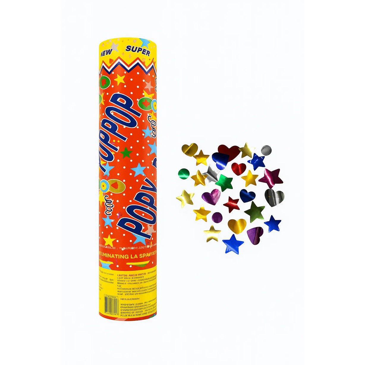 Confetti - Tun de Confetti, Flippy, Party Popper 40 cm, Model Stelute, Inimioare, Paiete Lucioase, 3 cm Diametru, Multicolor