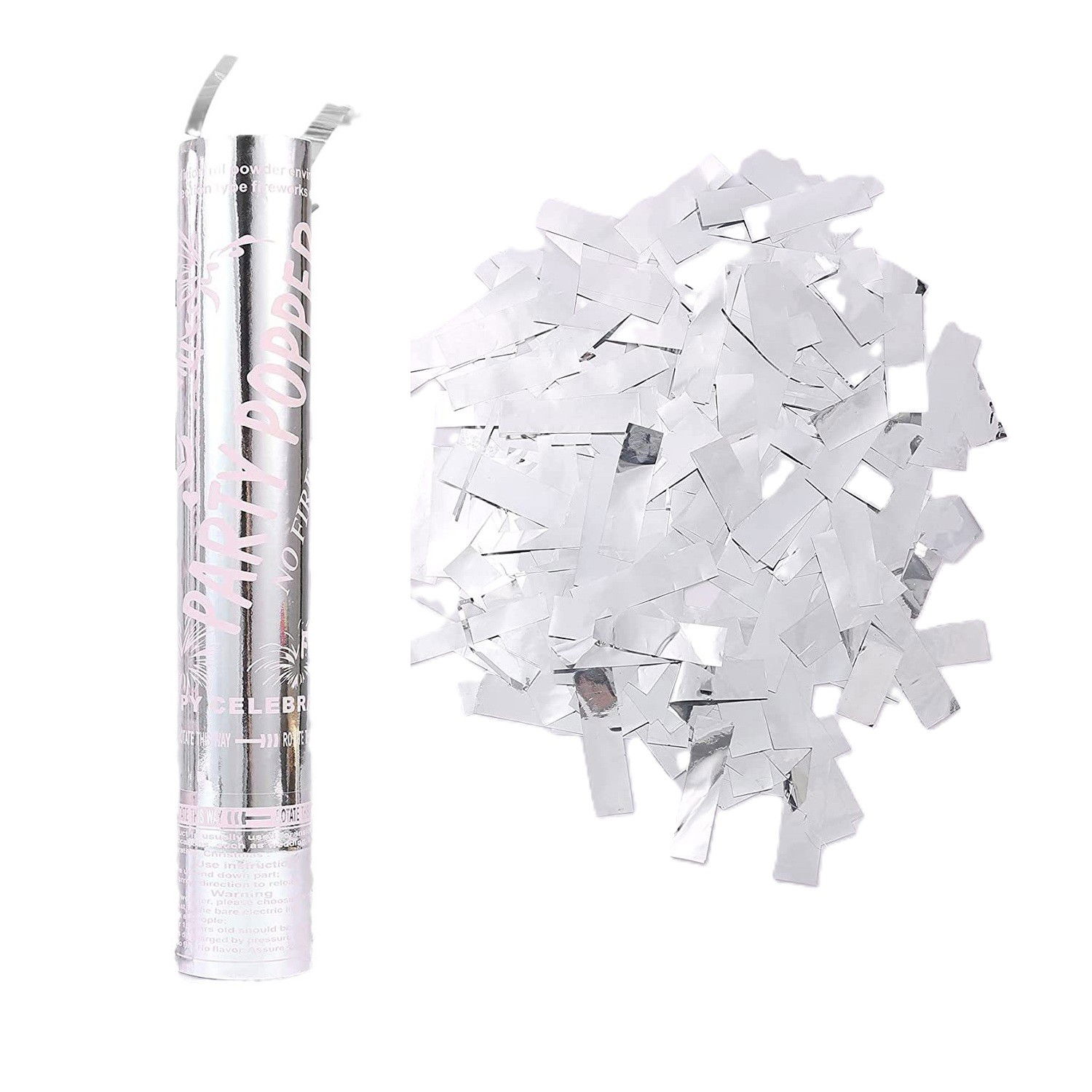Confetti - Tub de Confetti, Flippy, Party Popper, 30x5 cm, Confetii Lucioase Rezistente la Foc, Eliberare prin Rasucire, Argintiu