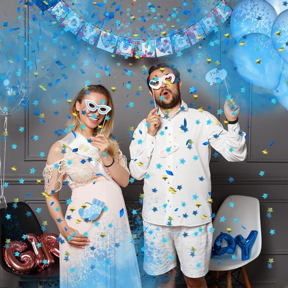 Confetti - Tun Confetti, Flippy, Model Gender Reveal, Boy or Girl, 40 cm, Ambalaj din Carton, Eliberare prin Rasucire, Albastru