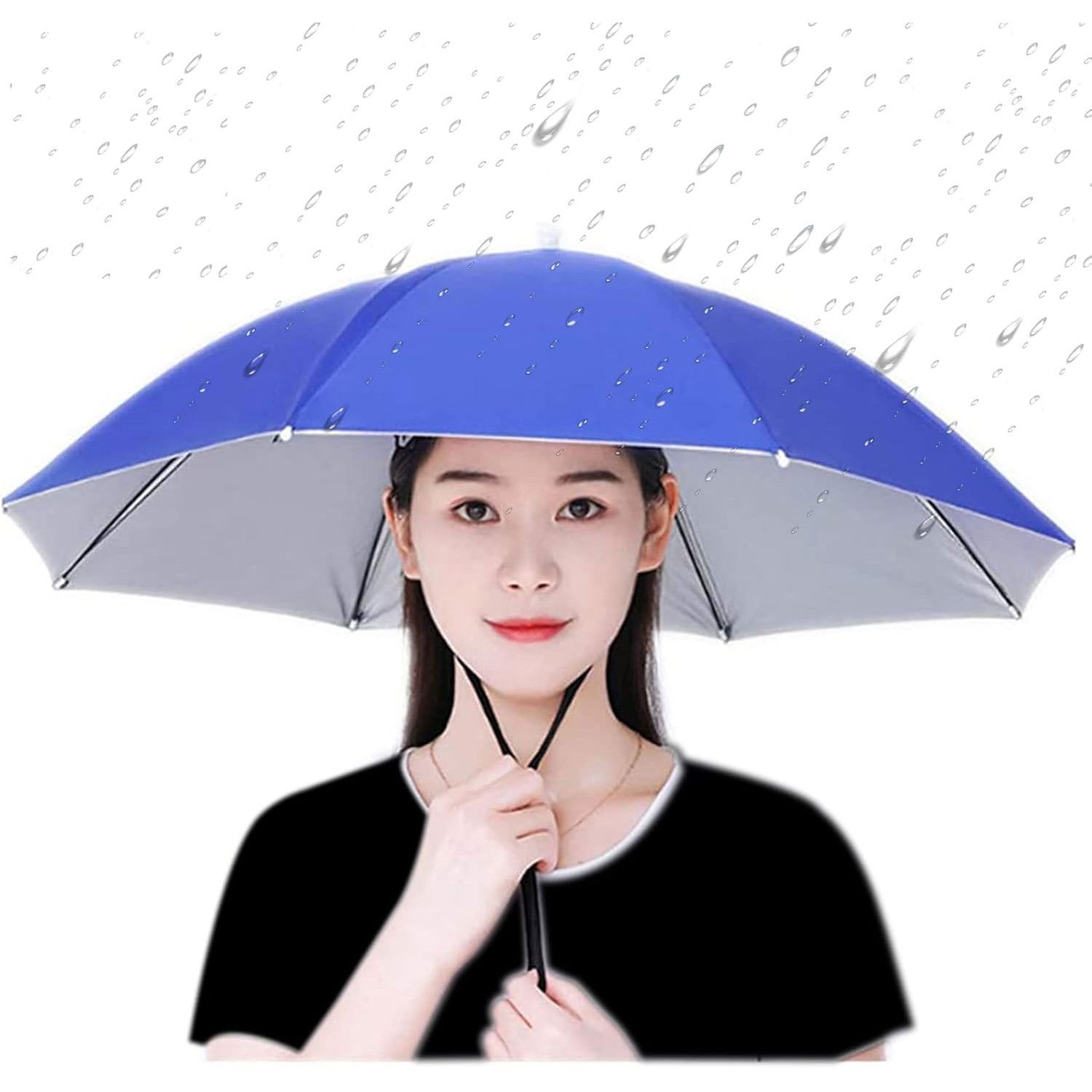 Pelerine, Umbrele si Accesorii - Umbrela de Cap, Flippy, Diametru 69 cm, Snur Reglabil de Cap, Protectie UV/Ploaie, Albastru Inchis