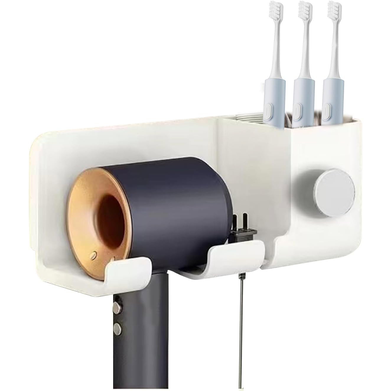 Articole pentru baie - Suport de Baie, Flippy, pentru Uscator de Par, cu Organizator Dublu, din Plastic, Aplicare cu Suport Adeziv, 23 x 8.8 x 9.5 cm, Alb