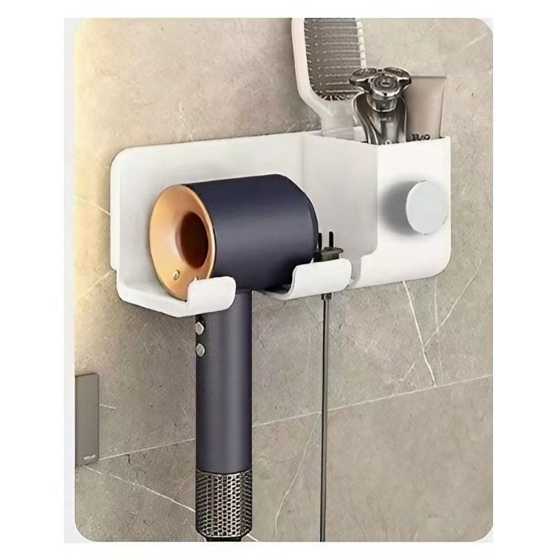 Suport de Baie, Flippy, pentru Uscator de Par, cu Organizator Dublu, din Plastic, Aplicare cu Suport Adeziv, 23 x 8.8 x 9.5 cm, Alb [4]