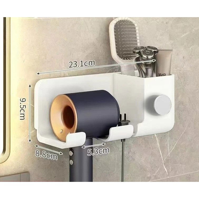 Suport de Baie, Flippy, pentru Uscator de Par, cu Organizator Dublu, din Plastic, Aplicare cu Suport Adeziv, 23 x 8.8 x 9.5 cm, Alb [5]