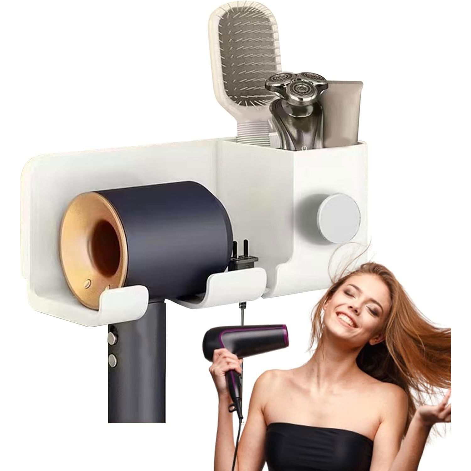 Suport de Baie, Flippy, pentru Uscator de Par, cu Organizator Dublu, din Plastic, Aplicare cu Suport Adeziv, 23 x 8.8 x 9.5 cm, Alb [3]