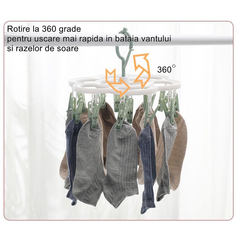 Uscator de Rufe Suspendat Flippy, cu 16 Carlige, Rotire 360 Grade, Mateiral Plastic, Usor de Depozitat, Multifunctional, 26 x 21 cm, Verde [5]