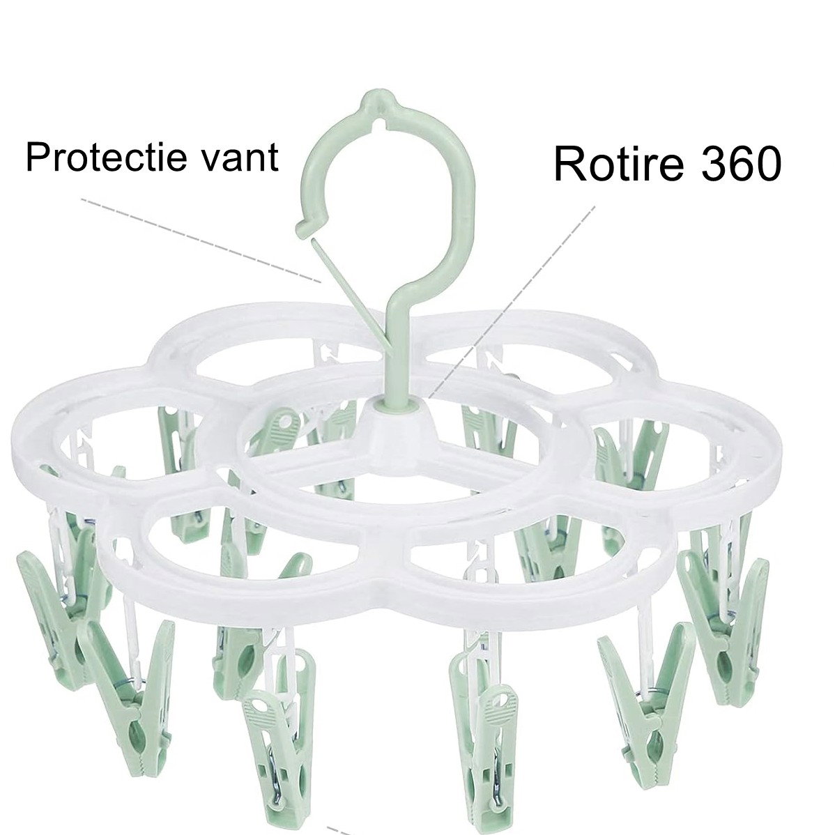 Uscator de Rufe Suspendat Flippy, cu 16 Carlige, Rotire 360 Grade, Mateiral Plastic, Usor de Depozitat, Multifunctional, 26 x 21 cm, Verde [3]