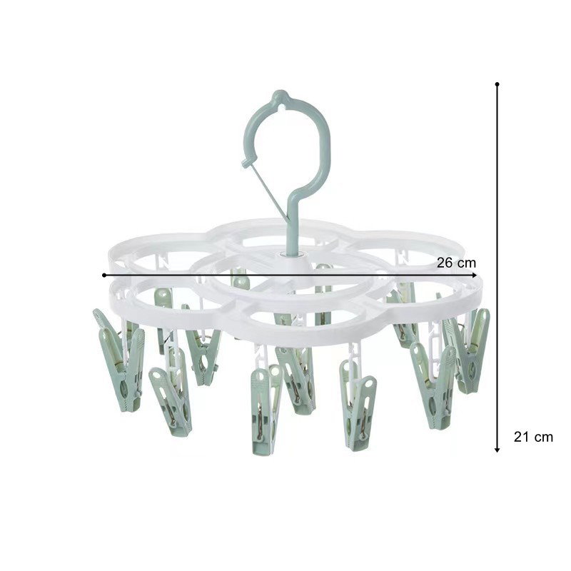 TeoMarket - Uscator de Rufe Suspendat Flippy, cu 16 Carlige, Rotire 360 Grade, Mateiral Plastic, Usor de Depozitat, Multifunctional, 26 x 21 cm, Verde