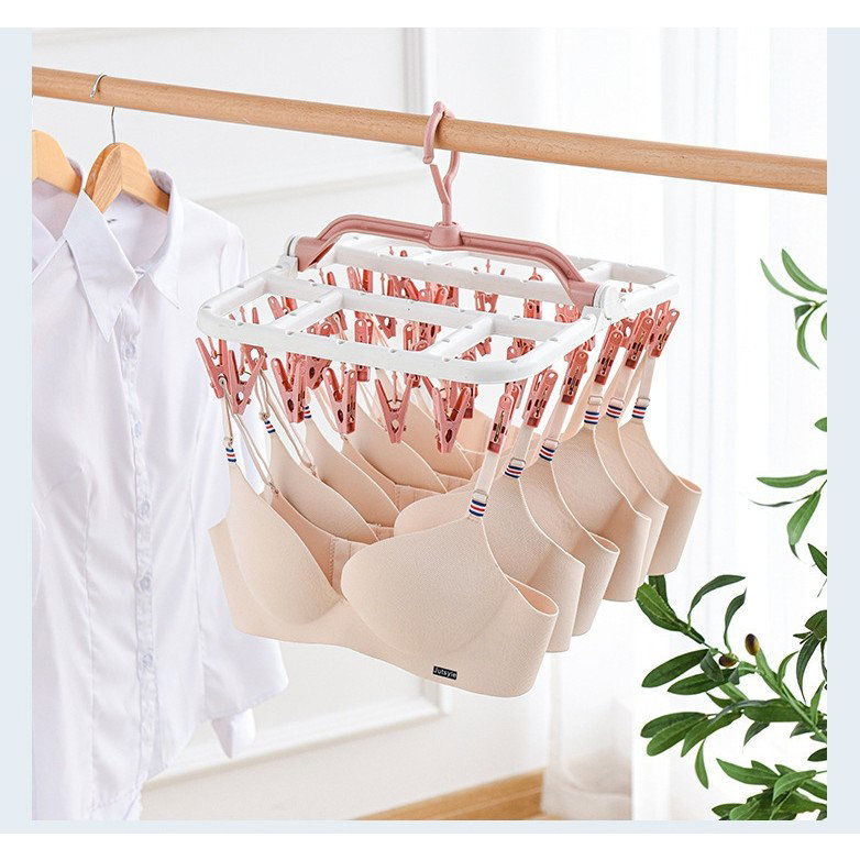 Uscator de Rufe Suspendat Flippy, cu 40 Carlige, Rotire 360 Grade, Protectie Vant, Pliabil, Patrat, Mateiral Plastic, Usor de Depozitat, Multifunctional, 36 x 24 cm, Alb/Roz [6]