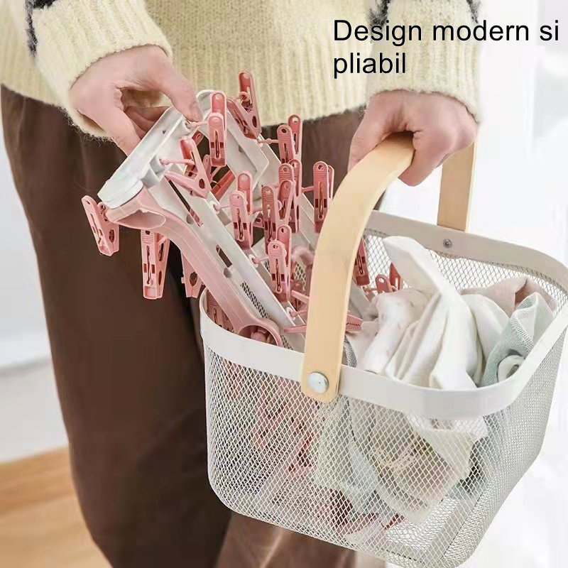 Uscator de Rufe Suspendat Flippy, cu 40 Carlige, Rotire 360 Grade, Protectie Vant, Pliabil, Patrat, Mateiral Plastic, Usor de Depozitat, Multifunctional, 36 x 24 cm, Alb/Roz [4]