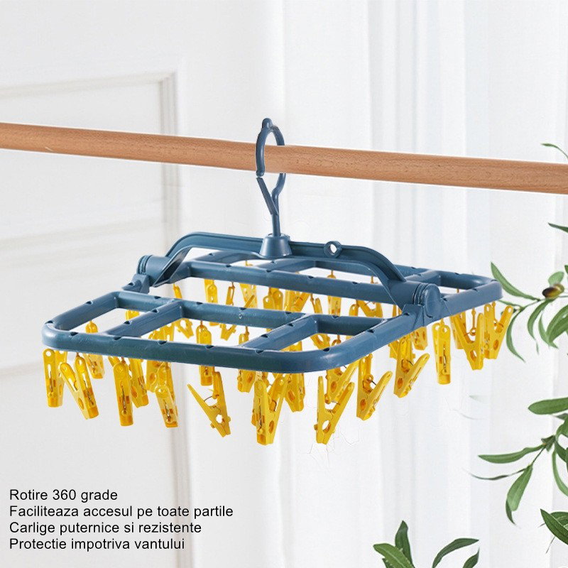 Uscator de Rufe Suspendat Flippy, cu 40 Carlige, Rotire 360 Grade, Protectie Vant, Pliabil, Patrat, Mateiral Plastic, Usor de Depozitat, Multifunctional, 36 x 24 cm, Albastru/Galben [4]