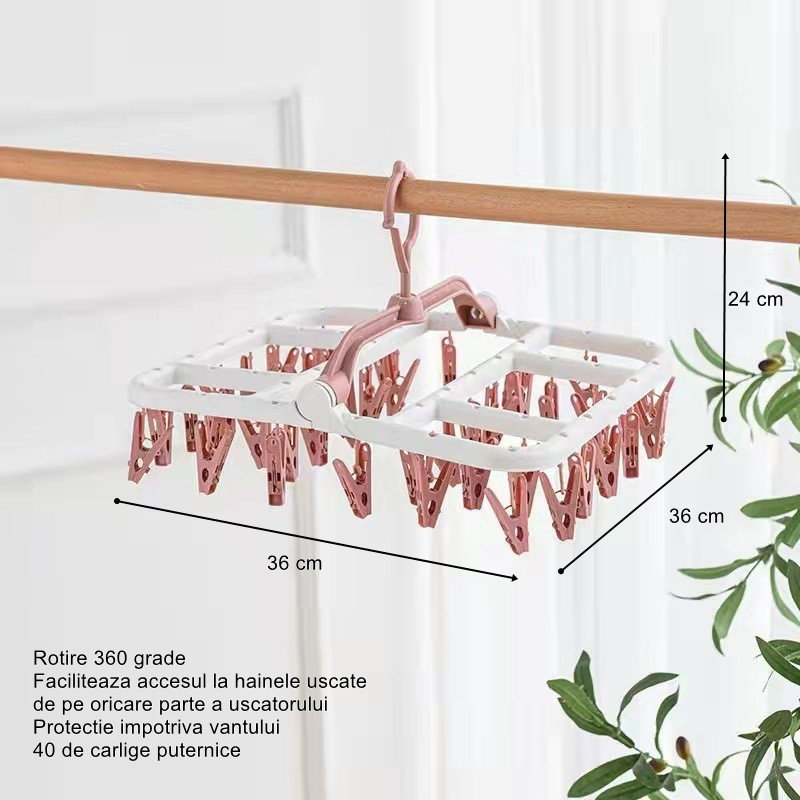Uscator de Rufe Suspendat Flippy, cu 40 Carlige, Rotire 360 Grade, Protectie Vant, Pliabil, Patrat, Mateiral Plastic, Usor de Depozitat, Multifunctional, 36 x 24 cm, Alb/Roz [3]