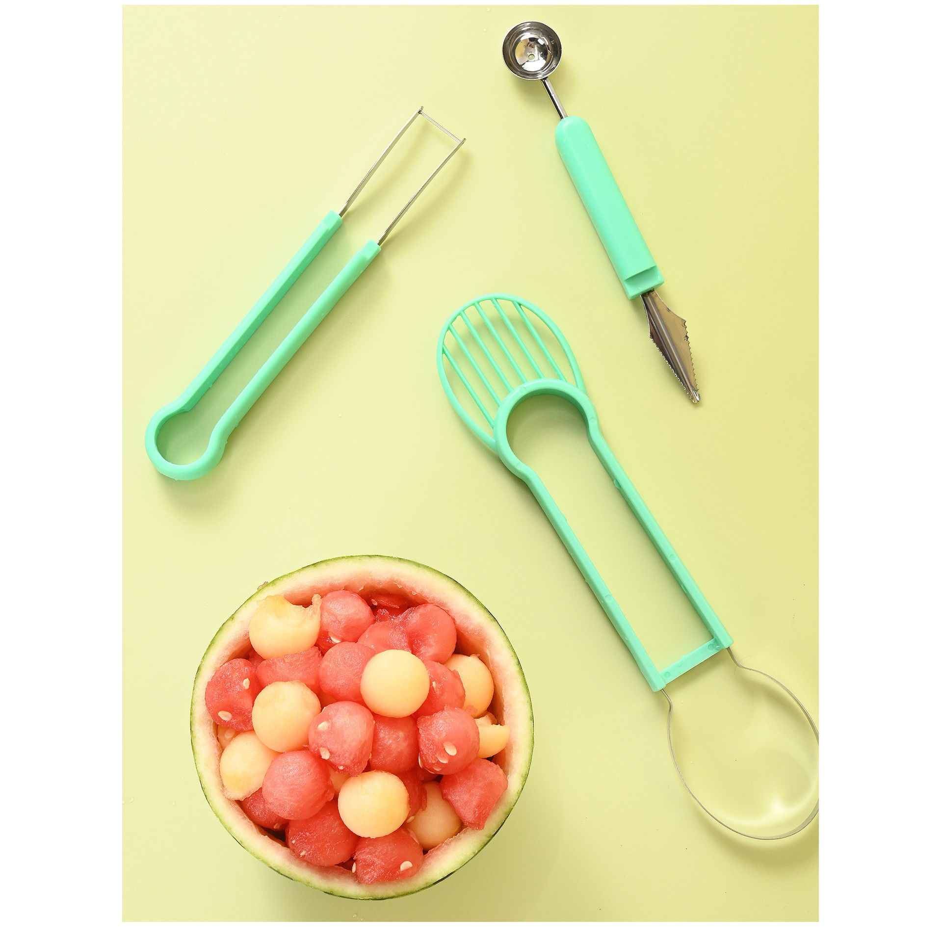 Ustensile pentru Bucătărie - Ustensila bucatarie 4 in 1 pentru taiat si decorat fructe Flippy, material inox si plastic, compact, 28x6.2 cm, verde