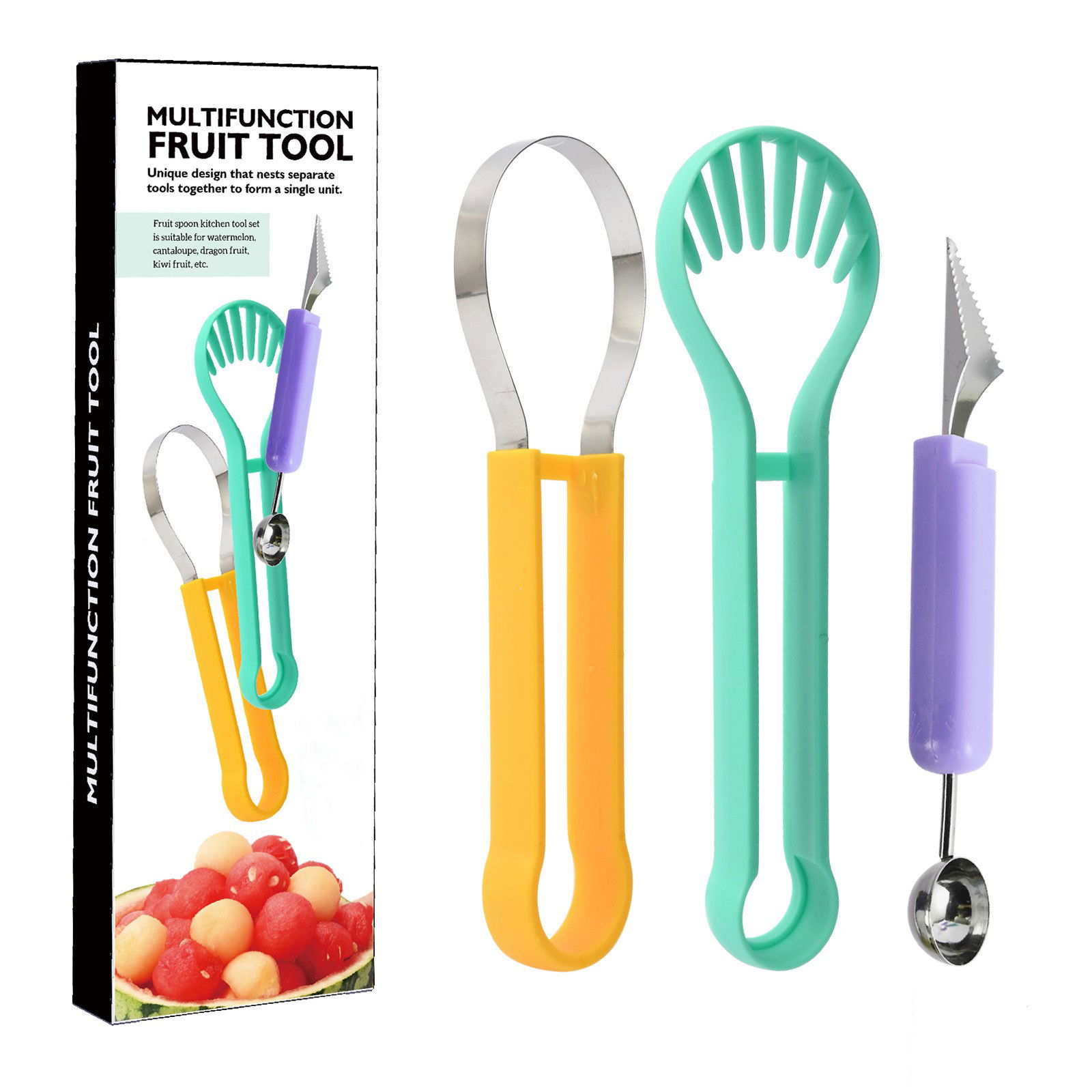 Ustensila bucatarie 4 in 1 pentru taiat si decorat fructe Flippy, material inox si plastic, compact, 28x6.2 cm, multicolor [8]