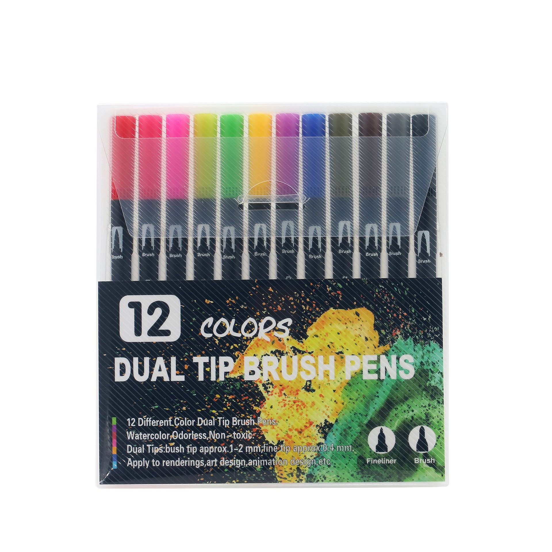 Jucarii Creative - Set 12 Carioci, Flippy, pe Baza de Apa, 2 Tipuri de Varf, 1-2 mm, 0.4 mm, Corp Carioca Negru, din Plastic, Multicolor