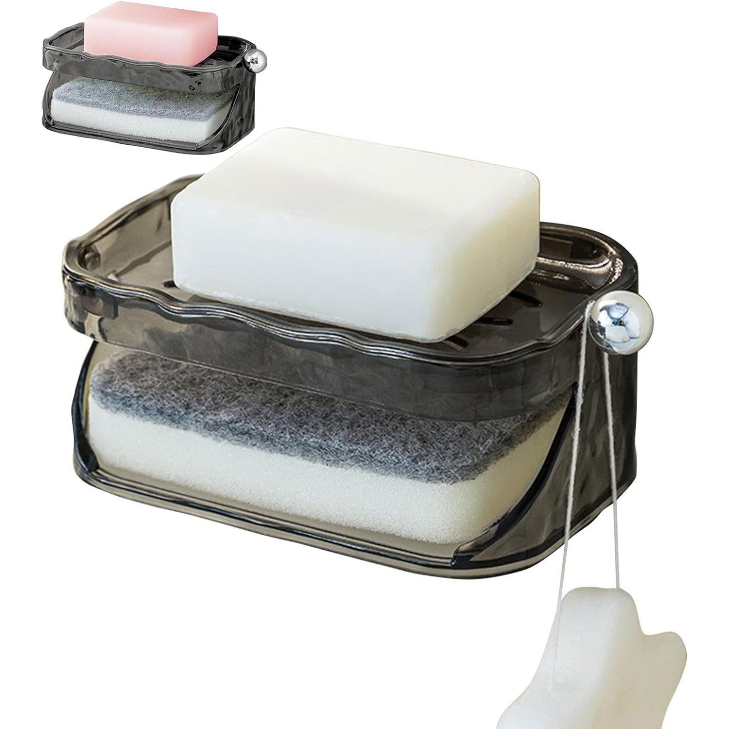 Articole pentru baie - Savoniera Dubla, Flippy, 2 Straturi, Instalare fara Perforare, Agatatoare Burete, 13.5 x 8.5 x 6 cm, Gri