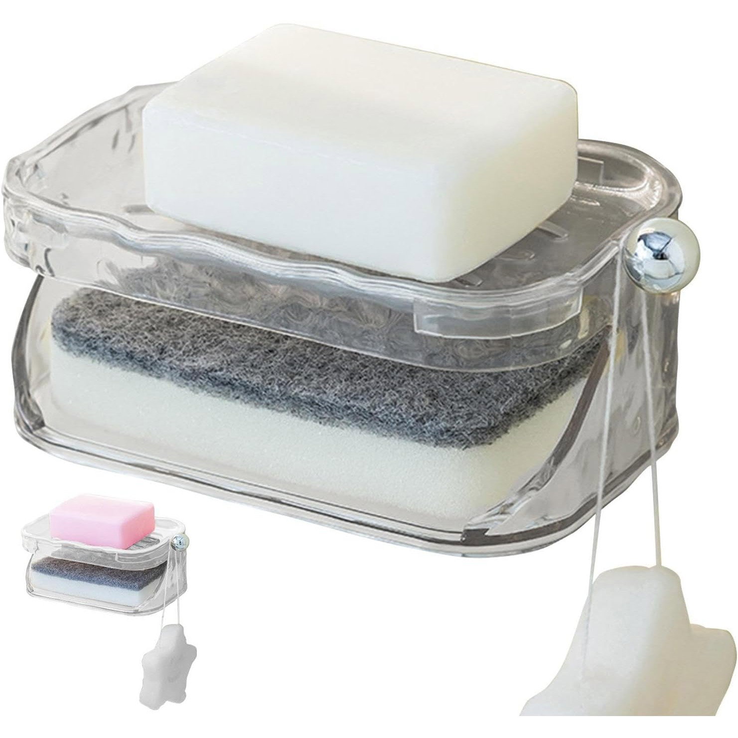 Articole pentru baie - Savoniera Dubla, Flippy, 2 Straturi, Instalare fara Perforare, Agatatoare Burete, 13.5 x 8.5 x 6 cm, Transparent