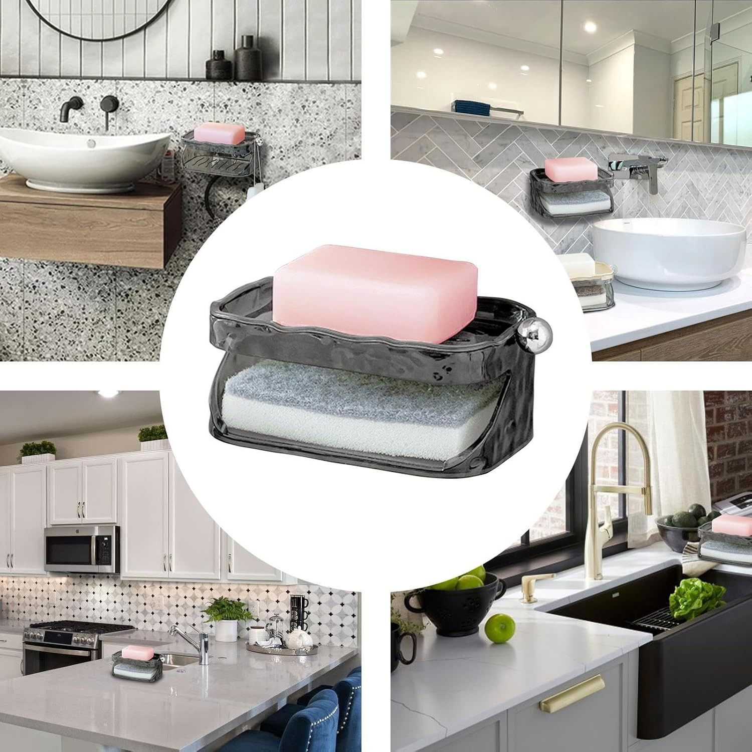 Savoniera Dubla, Flippy, 2 Straturi, Instalare fara Perforare, Agatatoare Burete, 13.5 x 8.5 x 6 cm, Gri [6]