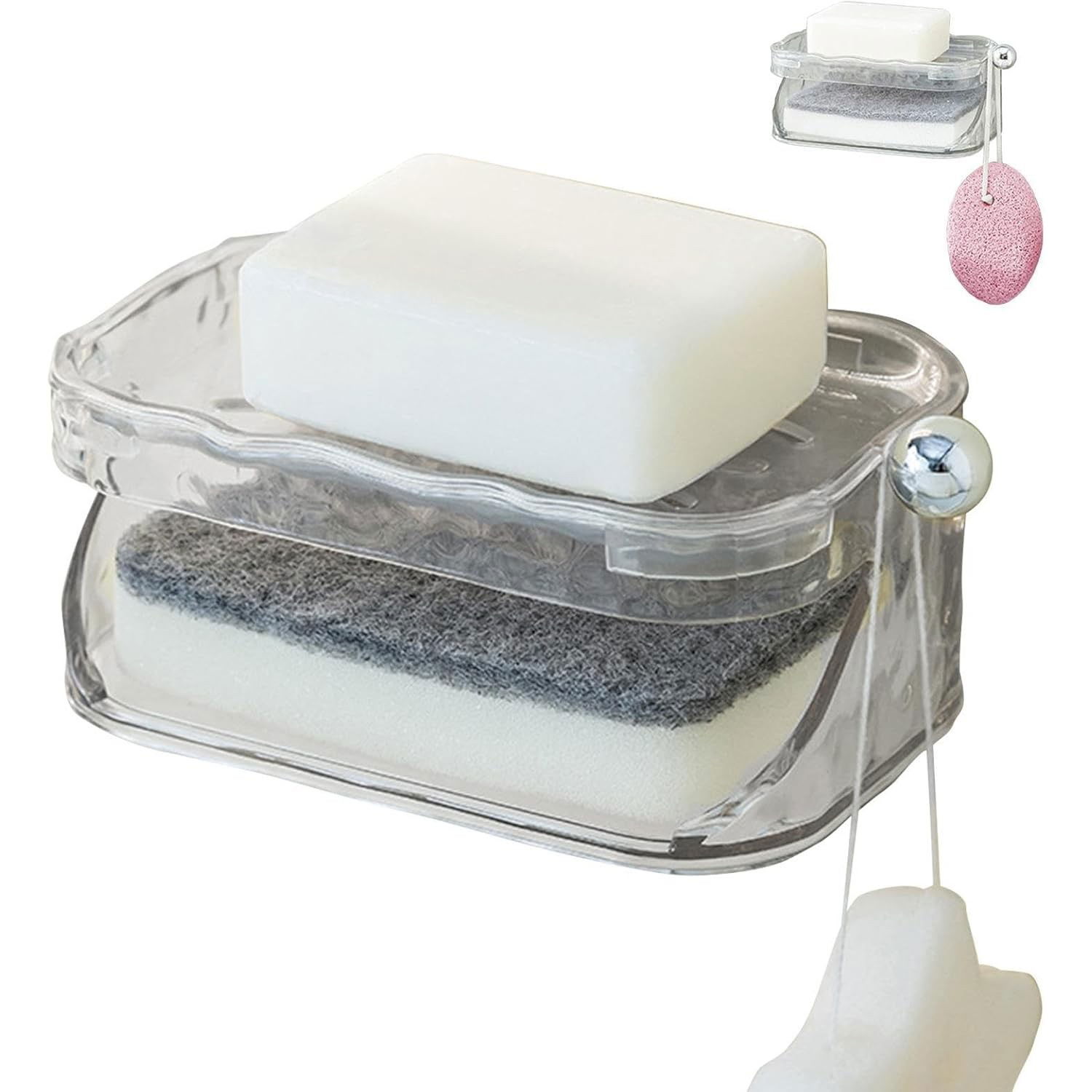 Savoniera Dubla, Flippy, 2 Straturi, Instalare fara Perforare, Agatatoare Burete, 13.5 x 8.5 x 6 cm, Transparent [3]