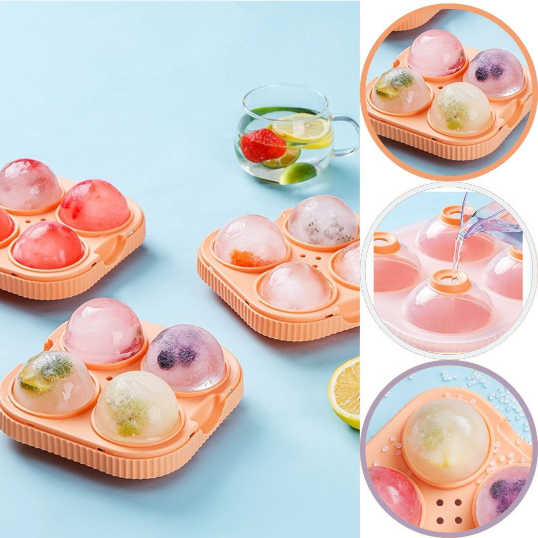 Accesorii Bucătărie - Forma Sfere de Gheata pentru Wiskey si Cocktail-uri Flippy, 4 Sfere, Material Plastic/Silicon Alimentar, Diametru 6.5 cm, cu Orificiu Tip Palnie pentru Umplere, 17 x 17 x 7 cm, Portocaliu