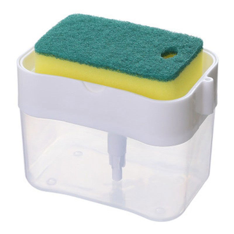 Accesorii Bucătărie - Dozator Flippy, Dispenser 2 in 1 pentru Detergent Lichid de Vase sau pentru Obiecte Sanitare cu Suport pentru Burete de Bucatarie ,14 x 10.5 x 10 cm, capacitate 380 ml, alb