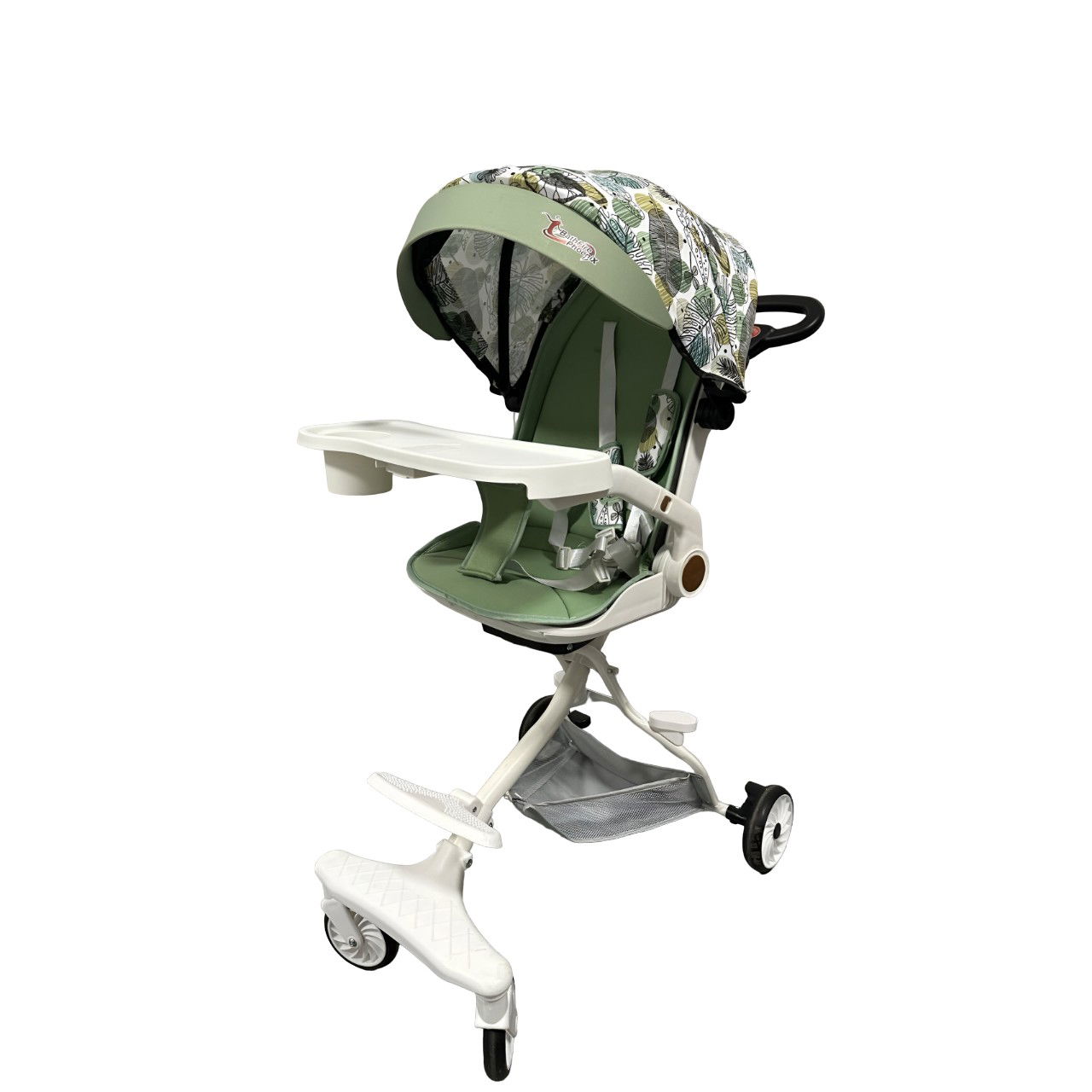 Carucioare Copii - Carucior Sport Flippy 3in1, 6-36 Luni, Reversibil, Pliabil, Tavita pentru Masa, Pozitie de Somn, Centura de Siguranta, Roti 360, Suport Pahar, Copertina pentru Soare, 32x63x95cm, Verde Model Frunze