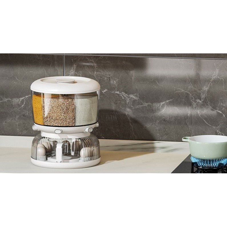 Organizatoare si Depozitare Bucatarie - Dozator etajat de cereale Flippy, rotativ 360, 6 compartimente, capacitate 10L, cofrag special pentru oua, vas pentru scurgerea cerealelor, 35x27.5 cm, alb