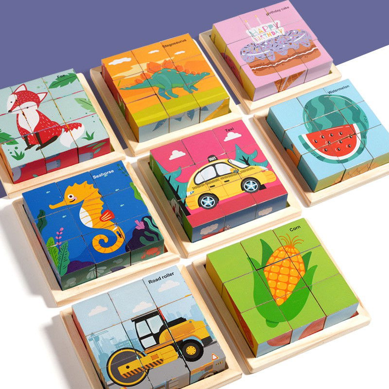 Jucarii - Puzzle din Lemn, Flippy, 9 Cuburi, 6 Fete, 4-6 Ani, 11 x 11 x 3.2 cm, Model Fructe, Multicolor