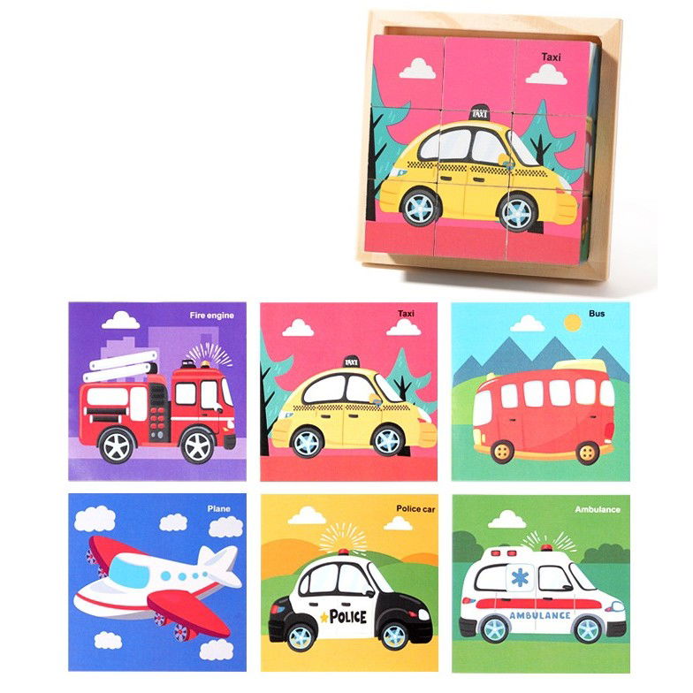 Jucarii - Puzzle din Lemn, Flippy, 9 Cuburi, 6 Fete, 4-6 Ani, 11 x 11 x 3.2 cm, Model Masini, Multicolor