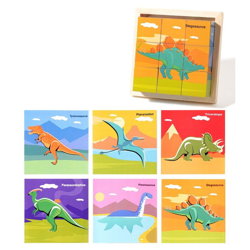 Jucarii - Puzzle din Lemn, Flippy, 9 Cuburi, 6 Fete, 4-6 Ani, 11 x 11 x 3.2 cm, Model Dinozauri, Multicolor