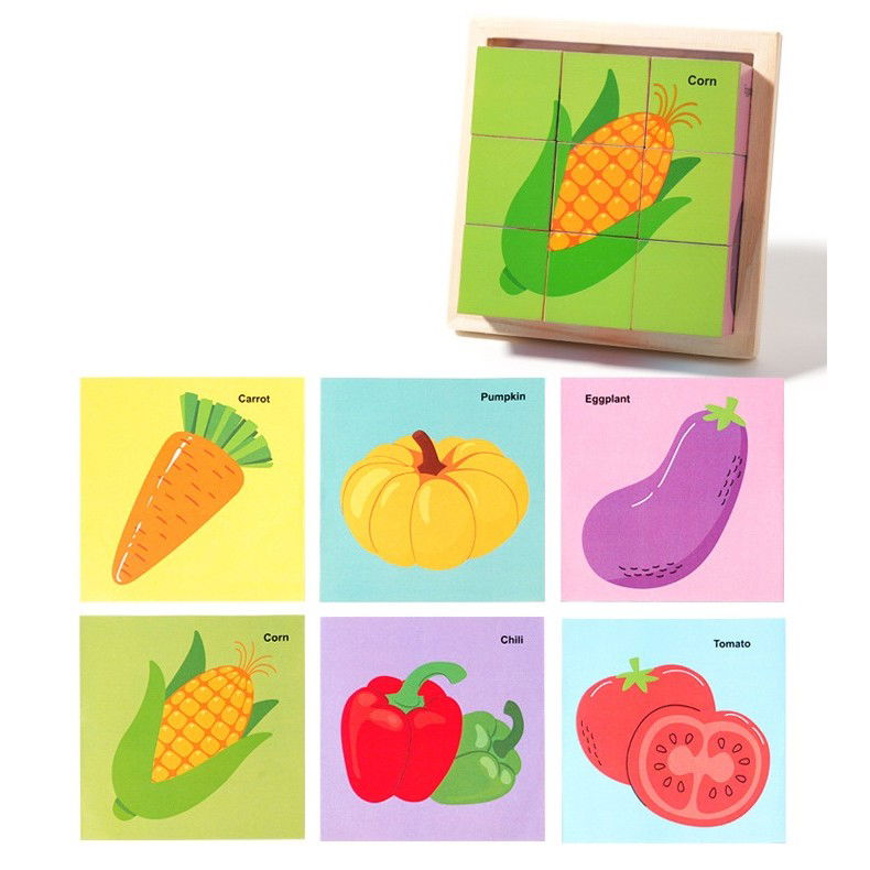 Jucarii - Puzzle din Lemn, Flippy, 9 Cuburi, 6 Fete, 4-6 Ani, 11 x 11 x 3.2 cm, Model Legume, Multicolor