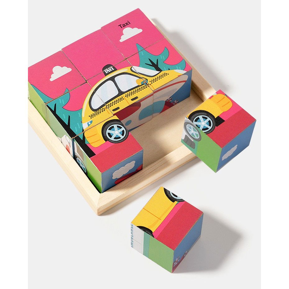 Puzzle din Lemn, Flippy, 9 Cuburi, 6 Fete, 4-6 Ani, 11 x 11 x 3.2 cm, Model Masini, Multicolor [3]