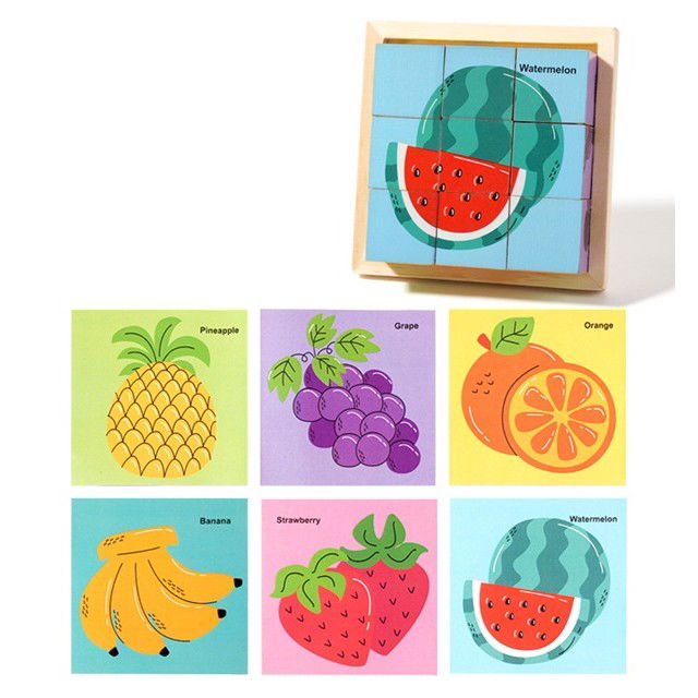 Jucarii - Puzzle din Lemn, Flippy, 9 Cuburi, 6 Fete, 4-6 Ani, 11 x 11 x 3.2 cm, Model Fructe, Multicolor