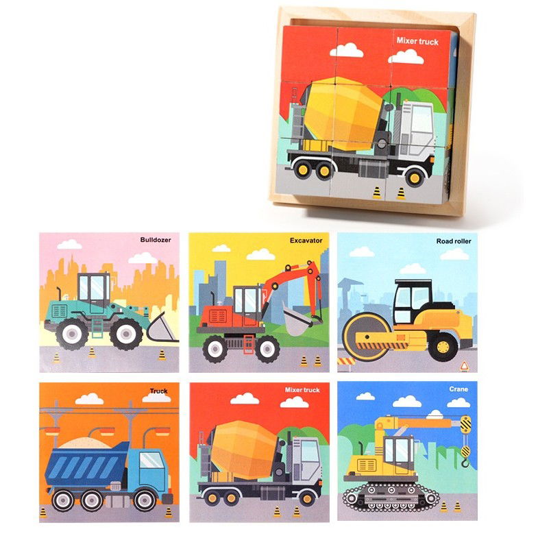 Jucarii - Puzzle din Lemn, Flippy, 9 Cuburi, 6 Fete, 4-6 Ani, 11 x 11 x 3.2 cm, Model Utilaje, Multicolor