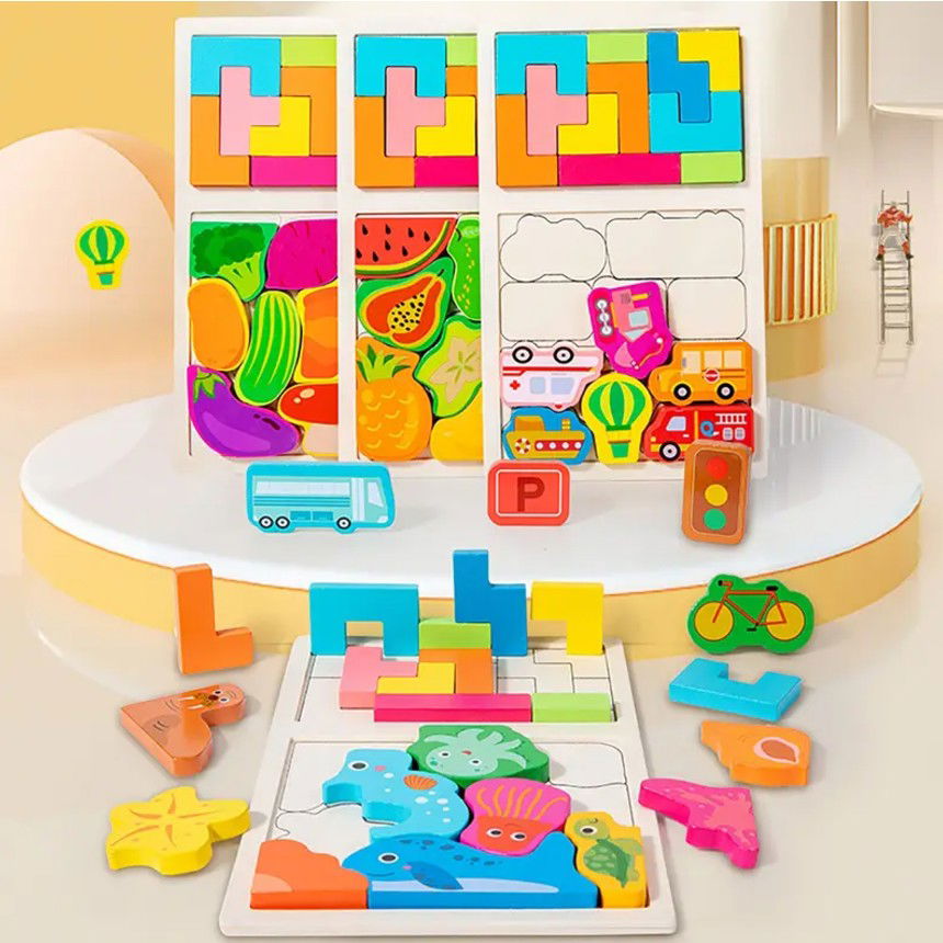 Puzzle Montessori din Lemn pentru Copii, Flippy, Tip Tetris 2in1, +3 Ani, cu Masini Colorate 3D, Educativ, Intuitiv, Creativ, 21 de Piese, 28.5x17x1.2 cm, Multicolor [7]