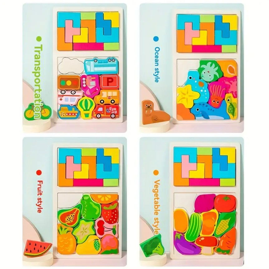 Puzzle Montessori din Lemn pentru Copii, Flippy, Tip Tetris 2in1, +3 Ani, cu Masini Colorate 3D, Educativ, Intuitiv, Creativ, 21 de Piese, 28.5x17x1.2 cm, Multicolor [6]