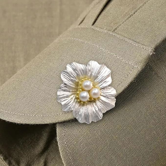 Accesoriu pentru Nasturi, Flippy, Model Floare cu Perle, din Metal, 2.5 x 1.7 cm, Argintiu [3]