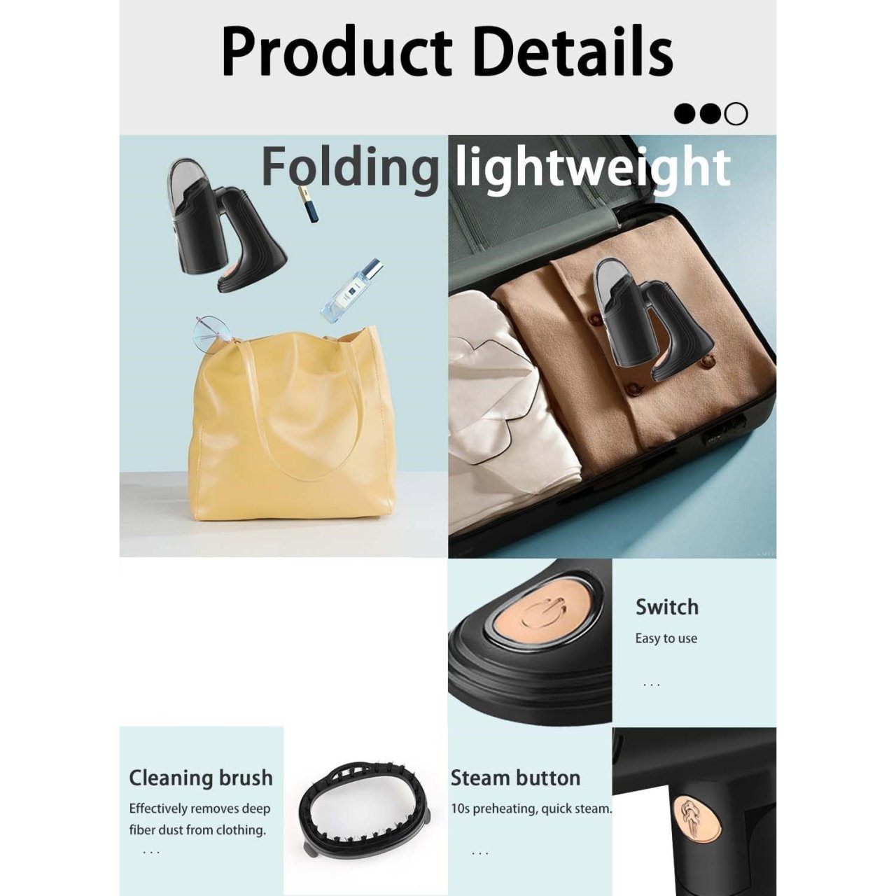 Aparat de Calcat Vertical Portabil cu Abur, Flippy, Putere 1500W, Rezervor Detasabil de 138ml, Priza, Functie Anti Calcar si Auto Curatare, Pliabil, cu Perie, 20x10.5x8 cm, Negru [3]