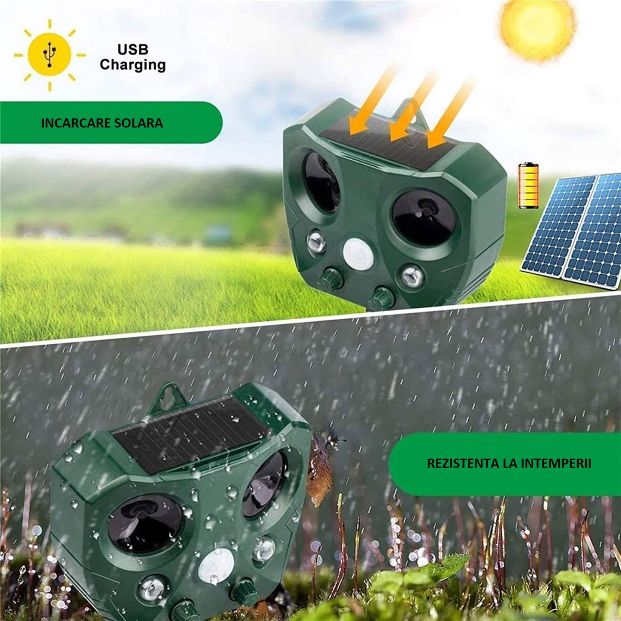 Aparat Solar LED cu Ultrasunete, Flippy, Repelent pentru Animale Mari si Mici, Lumina Rosie si Alba, Anti Rozatoare, Anti Insecte, 15 x 14 x 24 cm, Verde [6]