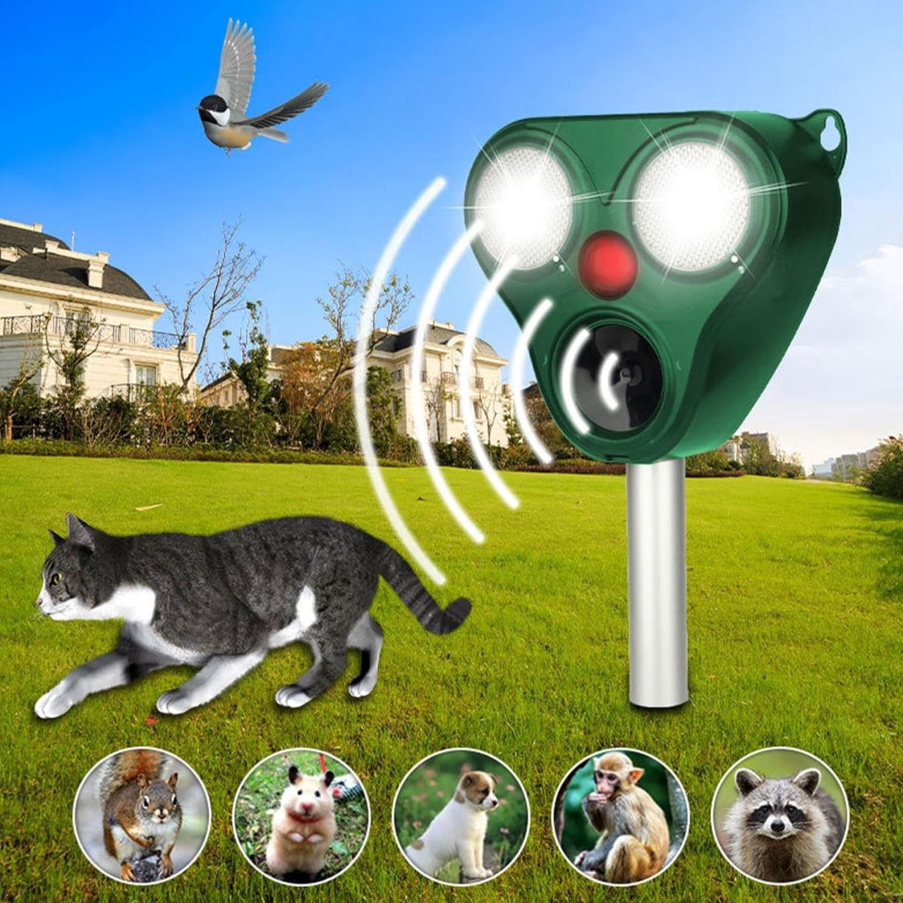 Aparat Solar LED cu Ultrasunete, Flippy, Repelent pentru Animale Mari si Mici, Lumina Rosie si Alba, Anti Rozatoare, Anti Insecte, Frecventa 13.5KHZ-65 KHZ, Senzor PIR, 13 x 14.7 x 24.5 cm, Verde [8]