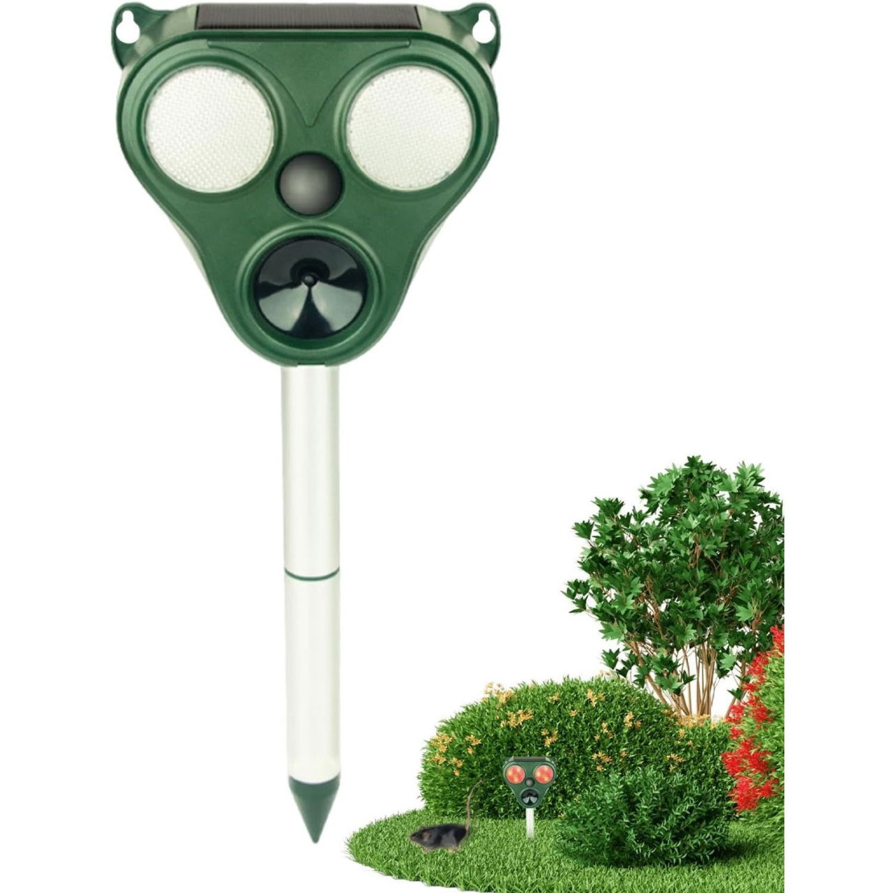 Aparat Solar LED cu Ultrasunete, Flippy, Repelent pentru Animale Mari si Mici, Lumina Rosie si Alba, Anti Rozatoare, Anti Insecte, Frecventa 13.5KHZ-65 KHZ, Senzor PIR, 13 x 14.7 x 24.5 cm, Verde [6]