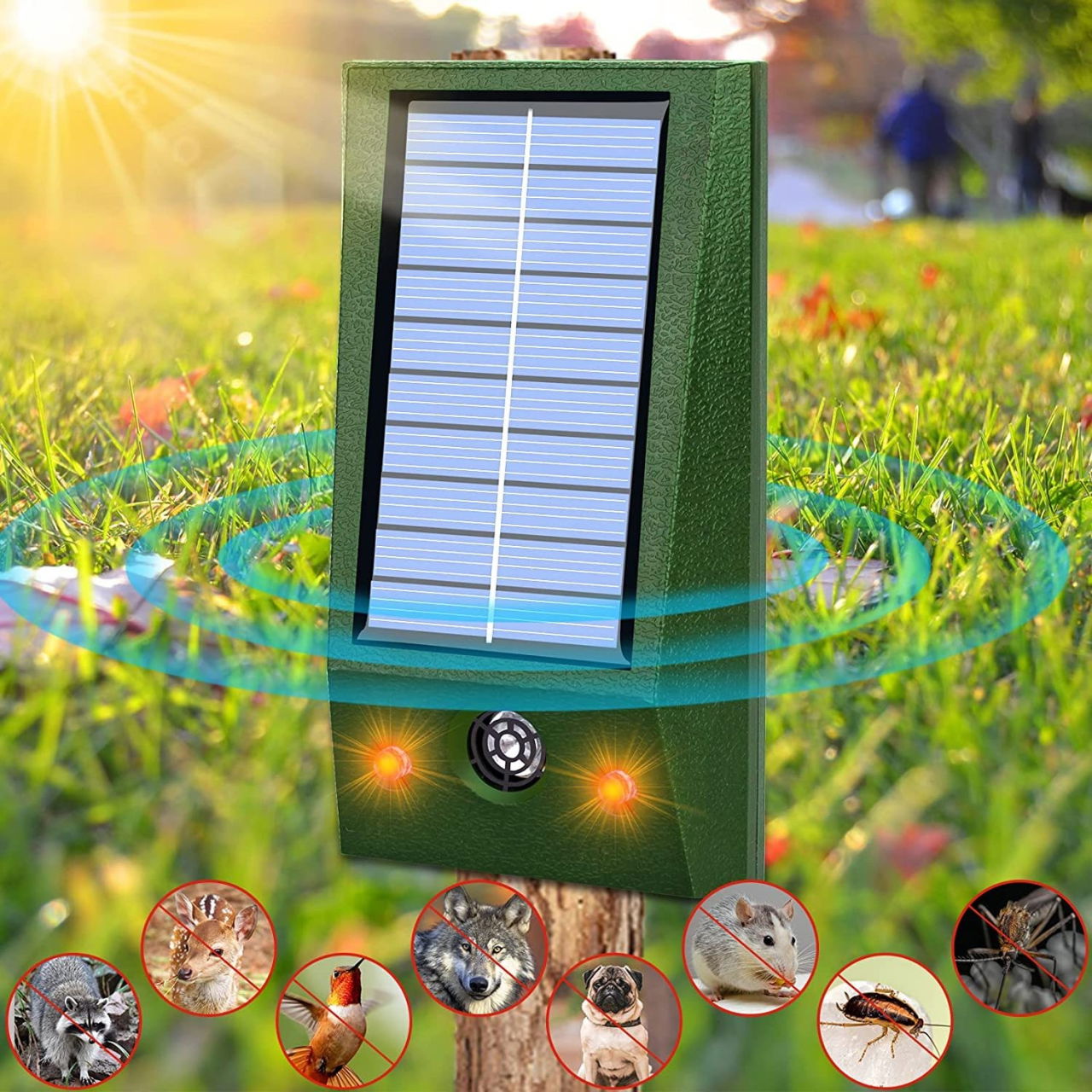 Aparat Solar LED cu Ultrasunete, Flippy, Repelent pentru Animale Mari si Mici, Lumina Rosie si Alba, Anti Rozatoare, Anti Insecte, Frecventa 9-36.5KHZ, 12 X 6.5 cm, Verde [3]