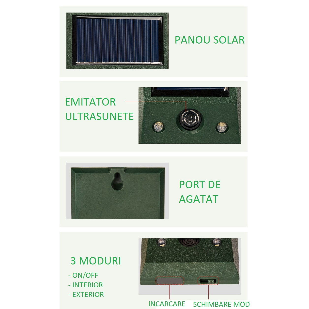 Aparat Solar LED cu Ultrasunete, Flippy, Repelent pentru Animale Mari si Mici, Lumina Rosie si Alba, Anti Rozatoare, Anti Insecte, Frecventa 9-36.5KHZ, 12 X 6.5 cm, Verde [6]