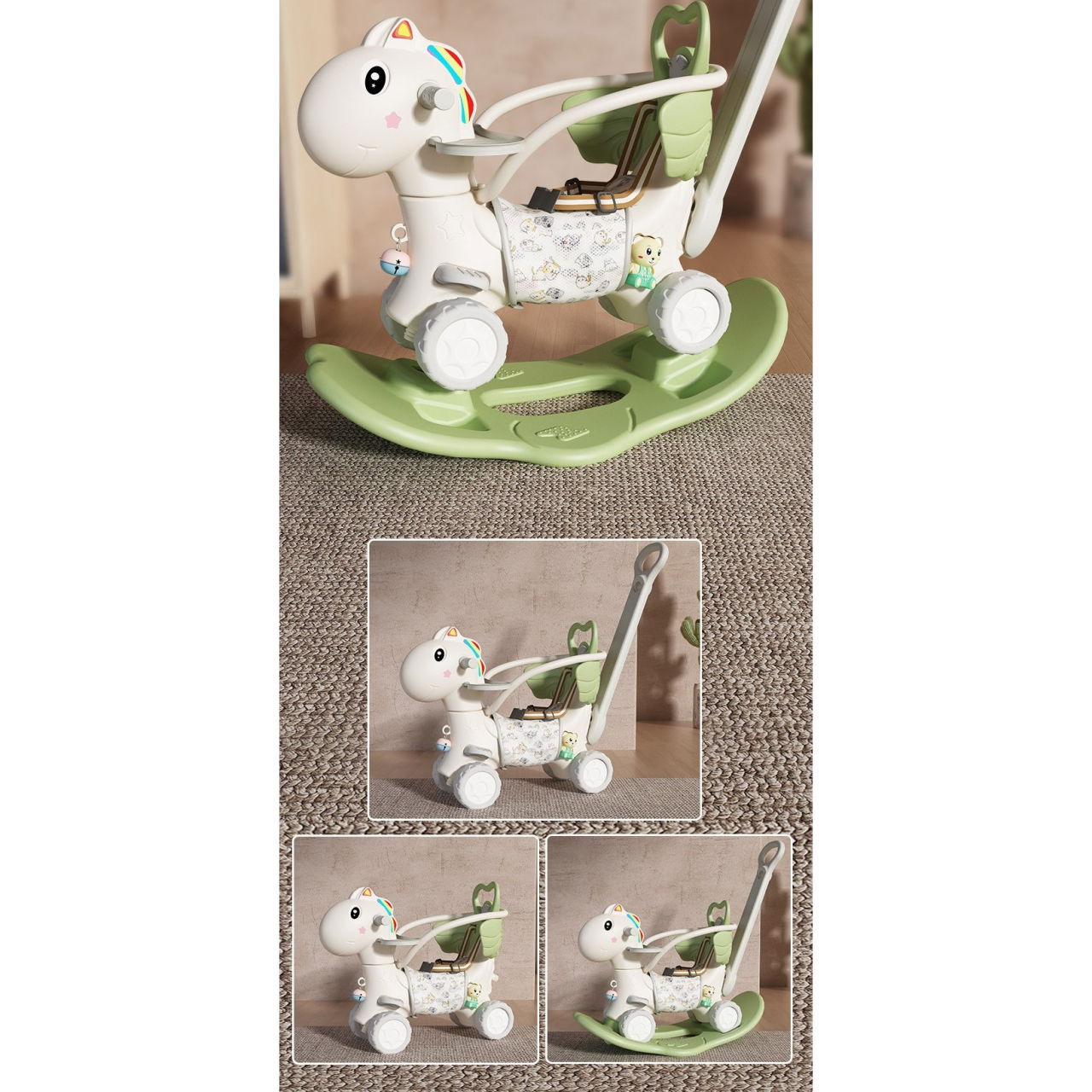 Balansoar pentru Copii, Flippy, 3in1, cu Spatar si Bara de Siguranta, Maner cu Cos de Basket, Tava de Masa, 80 x 43 x 83 cm, din Plastic, + 3 Ani, Verde [4]