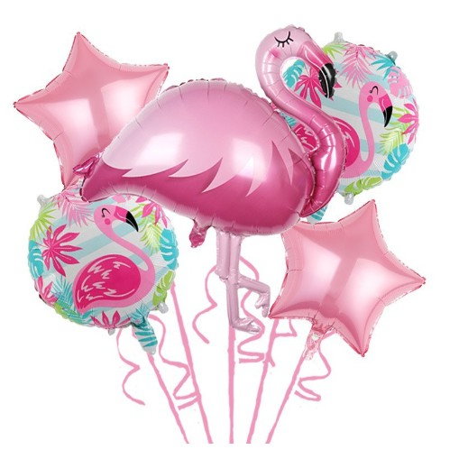 Baloane aniversare Flamingo Party, Flippy, din Folie de aluminiu si Latex, set din 5 baloane, 1 Flamingo, 2 Stele, 2 rotunde, 60 x 90 cm, Adeziv si pai inclus Rose [1]