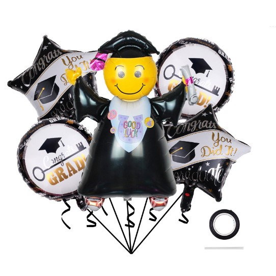 Baloane cu tematica Absolvire, Flippy, set din 5 baloane, 1 Figurina Absolventa, 2 stele, 2 rotunde, din folie de aluminiu, 70 x 40 cm, Aer si Heliu, Alb Negru [1]