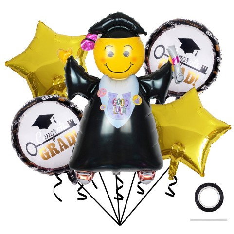 Baloane cu tematica Absolvire, Flippy, set din 5 baloane, 1 Figurina Absolventa, 2 stele, 2 rotunde, din folie de aluminiu, 70 x 40 cm, Aer si Heliu, Auriu Negru [1]