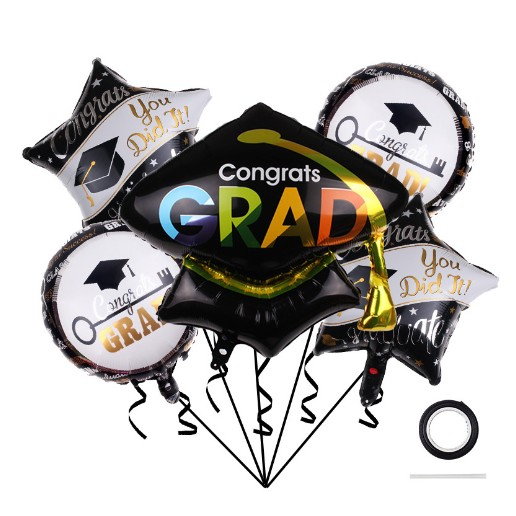 Baloane cu tematica Absolvire, Flippy, set din 5 baloane, 1 Figurina Toca, 2 stele, 2 rotunde, din folie de aluminiu, 70 x 40 cm, Aer si Heliu, Alb Negru [1]