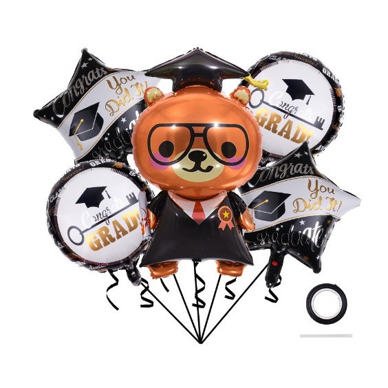 Baloane cu tematica Absolvire, Flippy, set din 5 baloane, 1 Figurina Ursulet, 2 stele, 2 rotunde, din folie de aluminiu, 70 x 40 cm, Aer si Heliu, Alb Negru [1]
