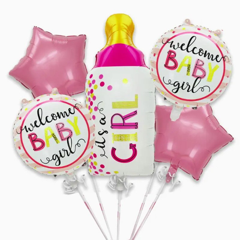 Baloane decorative GENDER REVEAL PARTY, Flippy, Figurina Sticla, Model IT'S A GIRL, Set din 5 baloane, 40 x 77 cm, pentru Botez, Roz [1]
